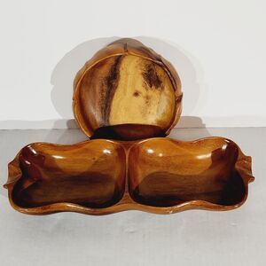 Monkey Pod Hawaiian Wood Lot of 2 Divided Serving Dish Flower Bowl Hand Carved